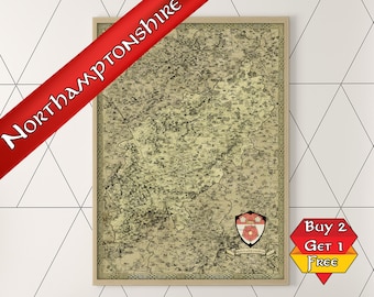 Northamptonshire Fantasy Map Print, A3 A2 A1 Northampton Poster, Northants Map, Corby Gift, Hand Drawn, Wellingborough, Fantasy Cartography