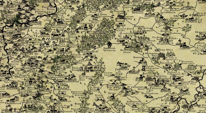 Nottinghamshire Print, Nottingham Fantasy Map, Notts Gift, Sherwood Forest, Fantasy Cartography, Newark on Trent Poster, Robin Hood Art image 6