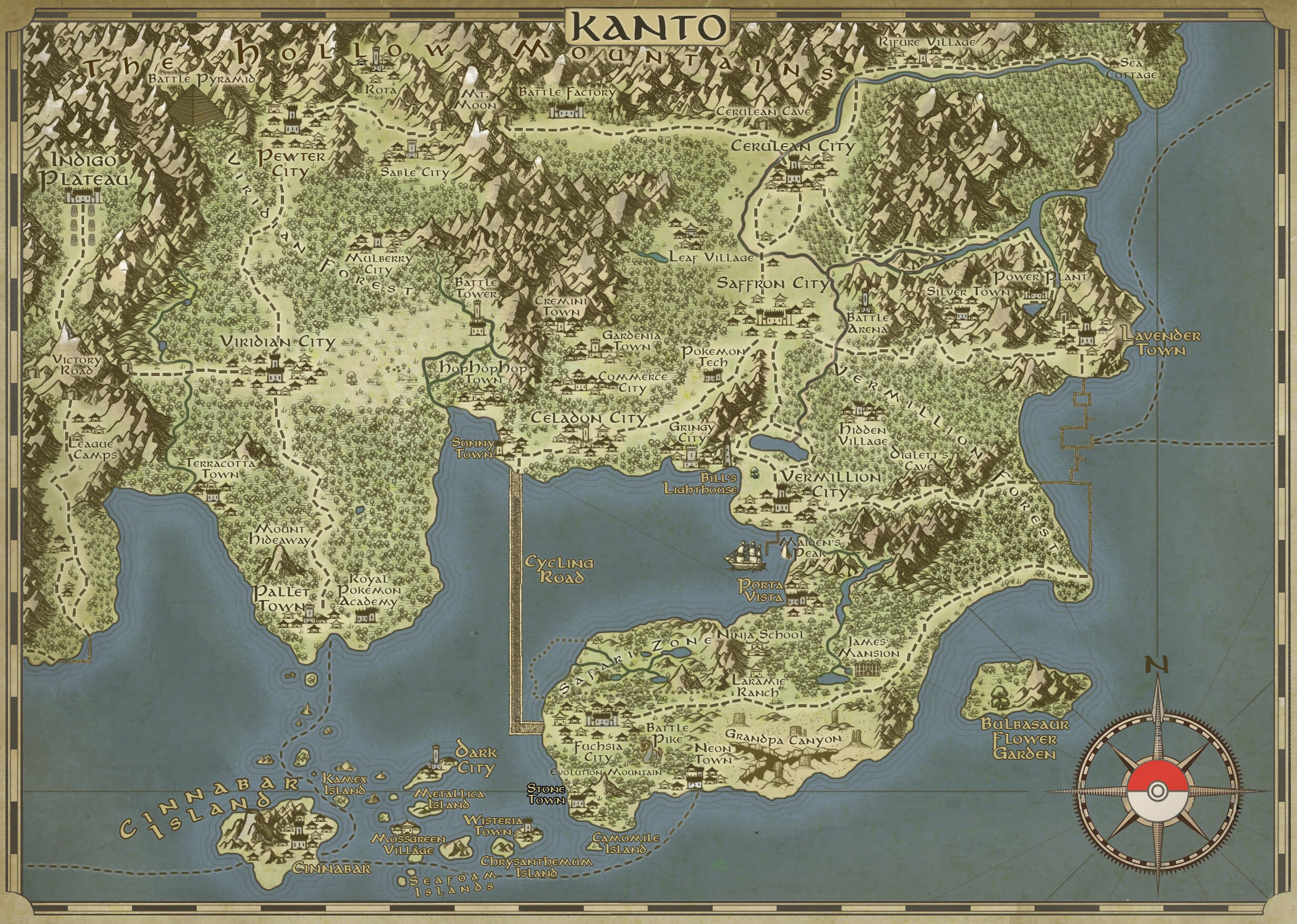 Pokemon Print Kanto Map Anniversary Gift For Him Nerdy Gift Etsy