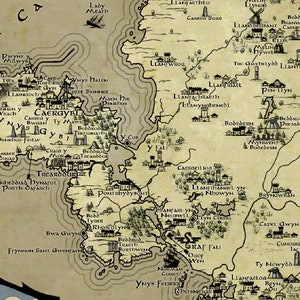 May include: A hand-drawn map of a fictional land with various towns and cities labeled in a script resembling Old English. The map is drawn on parchment paper with a brown background and black ink.