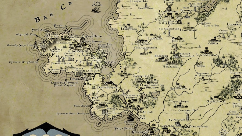 May include: A hand-drawn map of a fictional land with various towns and cities labeled in a script resembling Old English. The map is drawn on parchment paper with a brown background and black ink.