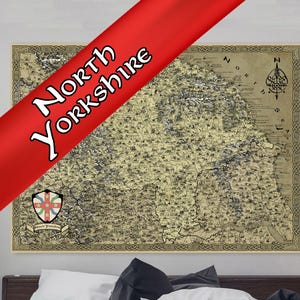 Toile du Yorkshire du Nord, carte fantastique du comté du Nord, art de York, carte de Middlesborough, cadeau maman papa, cartographie médiévale, vieux Whitby vintage