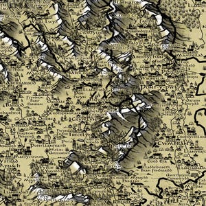 Op de afbeelding: Een gedetailleerde, sepia-getinte kaart met bergachtige gebieden, rivieren en plaatsnamen. De kaart heeft een vintage uitstraling, met gedetailleerde illustraties van steden en geografische kenmerken. De tekst is in een gestileerd lettertype.