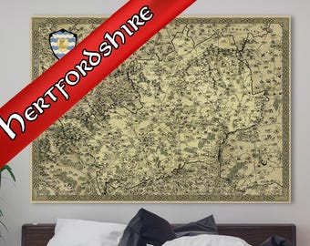Hertfordshire Canvas, Fantasy Hertford Map, St Albans Map Print, Watford Gift, Present Mum Dad, Medieval Cartography Gift, Old Vintage Map