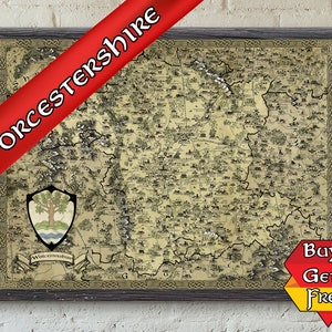 Impression de carte du Worcestershire, affiche fantastique de Worcester, cadeau geek pour lui, cadeau ringard pour elle, cadeau gamer, dessiné à la main, Saint-Valentin
