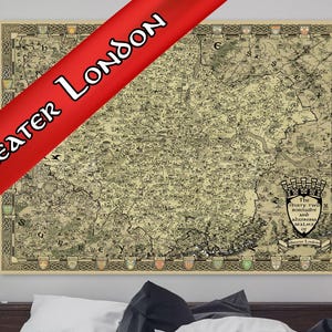 Lienzo con mapa de Londres, Gran Londres de fantasía, mapa de Londres Brough, regalo de Hackney, regalo para mamá y papá, cartografía medieval, Croydon antiguo