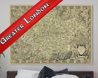 London Canvas, Fantasy Greater London, London Broough Map, Hackney Gift, Present Mum Dad, Medieval Cartography, Old Vintage Croydon