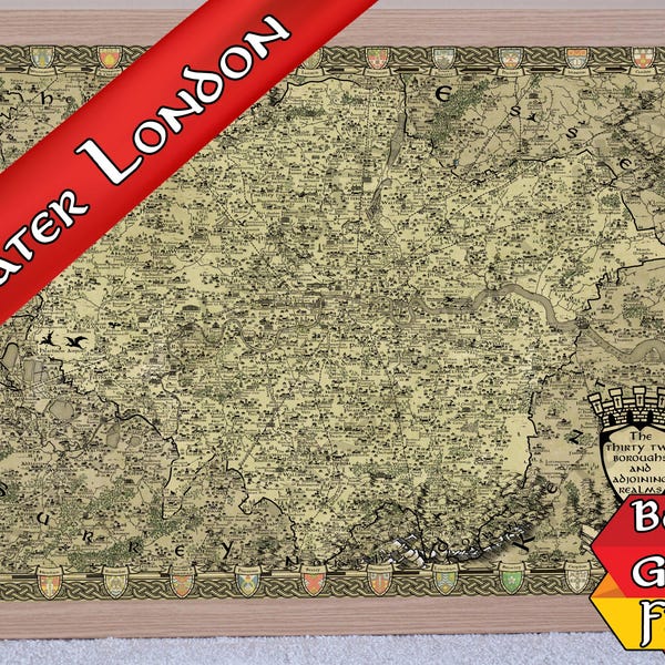 London Fantasy Map Print, A3 A2 A1 Greater London Drawing, Croydon Art, Hackney Hand Drawn, Illustrated Medieval Map, Old Vintage Gift