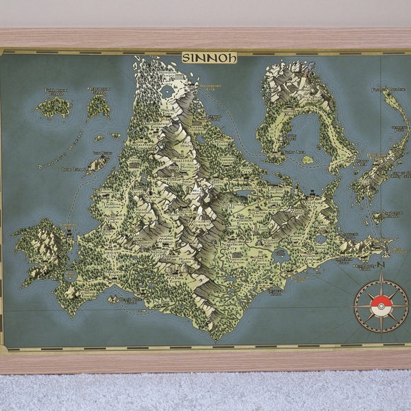 Impresión de Pokémon: Mapa de fantasía de Sinnoh, regalo de aniversario para él, regalo geek para ella, impresión de Pokémon, póster de Pokémon, regalo para niños, Pokeml Pkmn