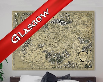 Glasgow Canvas, Lanarkshire Fantasy Map, Scotland Art, Inverclyde Falkirk, Ayrshire Wall Art, Birthday Present Mum Dad, Scottish Cartography
