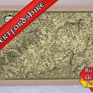 Carte fantastique du Hertfordshire, impression d'art Hertford, cadeau Stevenage, dessinée à la main, carte médiévale, Hemel Hempstead, vieux millésime, Angleterre antique