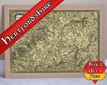 Hertfordshire Fantasy Map, A3 A2 A1 Hertford Print, Stevenage Gift, Hand Drawn, Medieval Map, Hemel Hempstead, Old Vintage, Antique Art