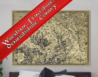 Clwyd Map Canvas, Wrexham, Denbighshire, Flintshire, Conwy, Cymru Fantasy Map, Welsh Birthday Present Mum Dad, Rhyl Cartography, North Wales