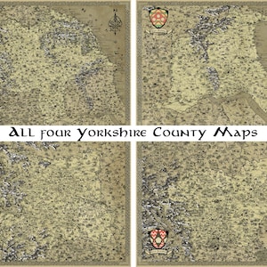 May include: A set of four vintage maps of Yorkshire counties in England. Each map features a coat of arms in the corner and is printed on aged paper with a beige background.