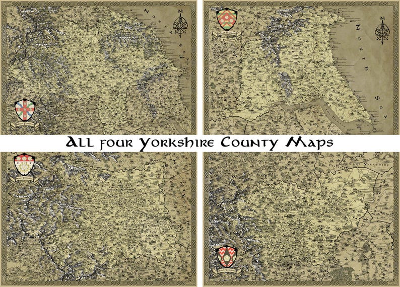 May include: A set of four vintage maps of Yorkshire counties in England. Each map features a coat of arms in the corner and is printed on aged paper with a beige background.