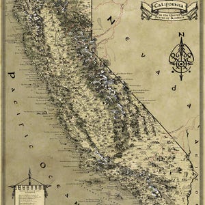 May include: A vintage-style fantasy map of California featuring detailed topography, a compass rose, and a crest with the text Map of Eureka California in the United States of America. The map includes the text Buy 2 Get 1 Free See third picture for details.