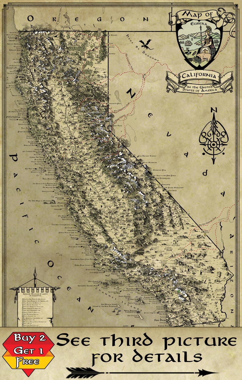 May include: A vintage-style fantasy map of California featuring detailed topography, a compass rose, and a crest with the text Map of Eureka California in the United States of America. The map includes the text Buy 2 Get 1 Free See third picture for details.