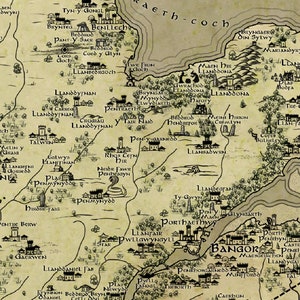 May include: A vintage-style map of a fictional land with handwritten place names in black ink on a beige background. The map features a large body of water, rivers, and numerous towns and villages.