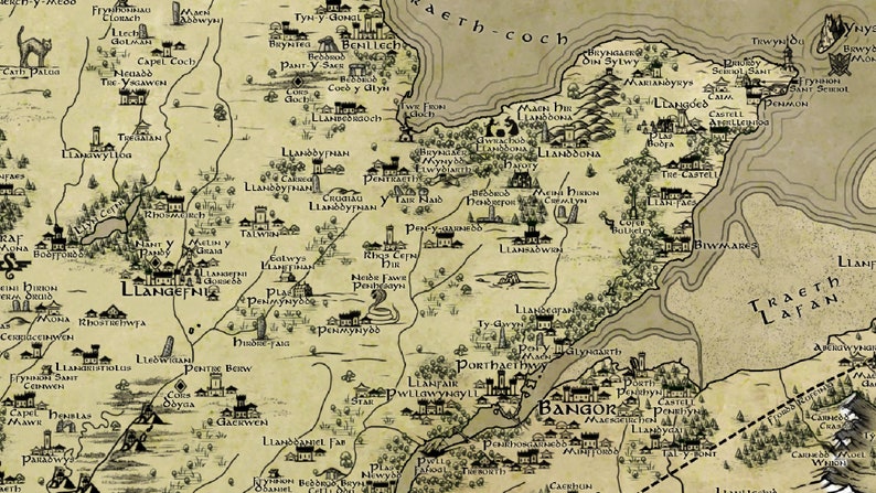May include: A vintage-style map of a fictional land with handwritten place names in black ink on a beige background. The map features a large body of water, rivers, and numerous towns and villages.