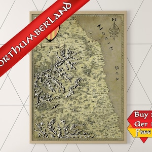 Carte fantastique du Northumberland, impression d'affiche fantastique, impression du Northumberland, cadeau geek pour lui, cadeau geek pour elle, cadeaux geek pour enfants