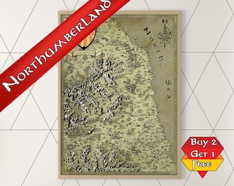 Northumberland-fantasiekaart, A3 A2 A1 fantasy-posterafdruk, Northumberland-kunst, geeky cadeau voor hem, geeky cadeau voor haar, geeky cadeaus voor kinderen