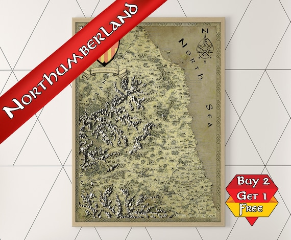Northumberland Fantasy Map, A3 A2 A1 Fantasy Poster Print, Northumberland Art, Geeky gift for him, Geeky gift for her, Geeky gifts for kids