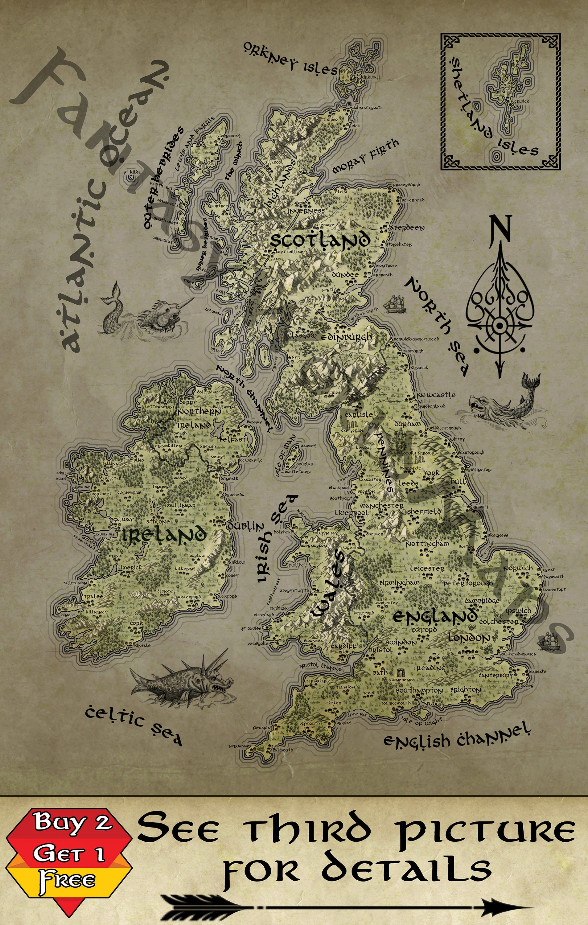 UK Fantasy Map Poster, A3 A2 A1 British Isles Print, Hand Drawn