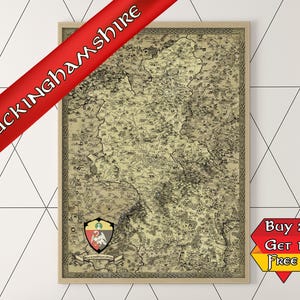 Impression Buckinghamshire, carte fantastique, impression d'art Buckingham, Milton Keynes, dessiné à la main, carte médiévale, vieux millésime, cadeau Aylesbury antique