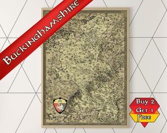 Buckinghamshire Print, A3 A2 A1 Fantasy Map, Buckingham Art, Milton Keynes, Hand Drawn, Medieval Map, Old Vintage, Antique Aylesbury Present