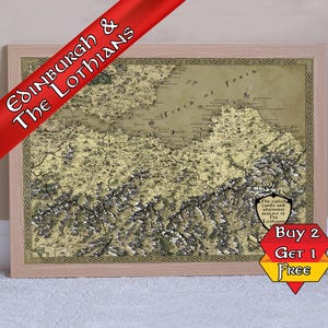 May include: A framed map of Edinburgh and the Lothians, featuring detailed topography in shades of beige and green. The map is accented with decorative borders and text, with a red banner reading "Edinburgh & The Lothians". A promotional graphic is also visible.