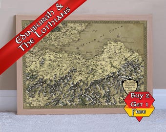 Edinburgh Lothian Map, Scotland Fantasy Print, A3 A2 A1 Scottish Poster, Falkirk Fife, Dunfermline Geeky Gift, Vintage Medieval Castle Art