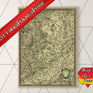 Impression du Nottinghamshire, carte fantastique de Nottingham, cadeau Notts, forêt de Sherwood, cartographie fantastique, affiche de Newark on Trent, art de Robin des Bois