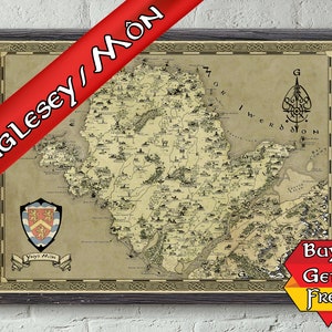 Impression de carte d'Anglesey, affiche Ynys Mon Fantasy, carte du pays de Galles Cymraeg, art Cymru, cadeau geek pour lui, cadeau ringard pour elle, cadeau gamer, dessiné à la main,