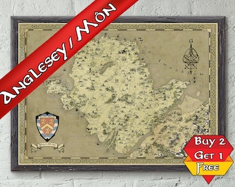 Anglesey Map Print, A3 A2 A1, Ynys Mon Fantasy Poster, Wales Cymraeg, Cymru Art, Geeky gift for him, Nerdy gift for her, Gamer Hand Drawn