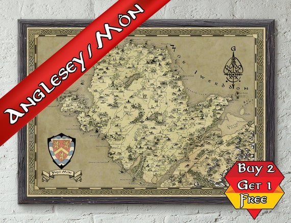 Anglesey Map Print, A3 A2 A1, Ynys Mon Fantasy Poster, Wales Cymraeg, Cymru Art, Geeky gift for him, Nerdy gift for her, Gamer Hand Drawn