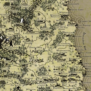 May include: A vintage-style map of a fictional region with a coastline and a large body of water labeled "Sea". The map features numerous towns, villages, and landmarks, including castles, churches, and a lighthouse.