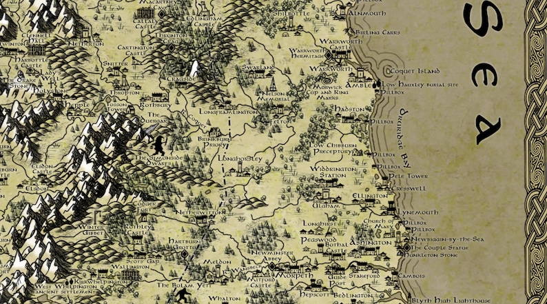 May include: A vintage-style map of a fictional region with a coastline and a large body of water labeled "Sea". The map features numerous towns, villages, and landmarks, including castles, churches, and a lighthouse.