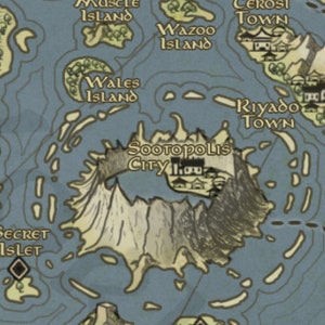 May include: A hand-drawn map with a blue ocean and brown islands. The map features several cities and towns, including "Sooto Polis City", "Riyado Town", "Cerost Town", "Parika City", and "Izabe Island".