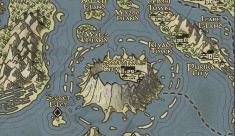 May include: A hand-drawn map with a blue ocean and brown islands. The map features several cities and towns, including "Sooto Polis City", "Riyado Town", "Cerost Town", "Parika City", and "Izabe Island".