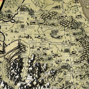 May include: A vintage-style map of a fictional land with a coat of arms in the top left corner. The map features various towns, castles, and geographical features, including rivers, mountains, and forests. The map is drawn in black ink on a parchment-like background.