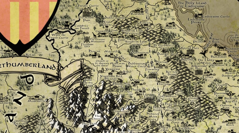 May include: A vintage-style map of a fictional land with a coat of arms in the top left corner. The map features various towns, castles, and geographical features, including rivers, mountains, and forests. The map is drawn in black ink on a parchment-like background.