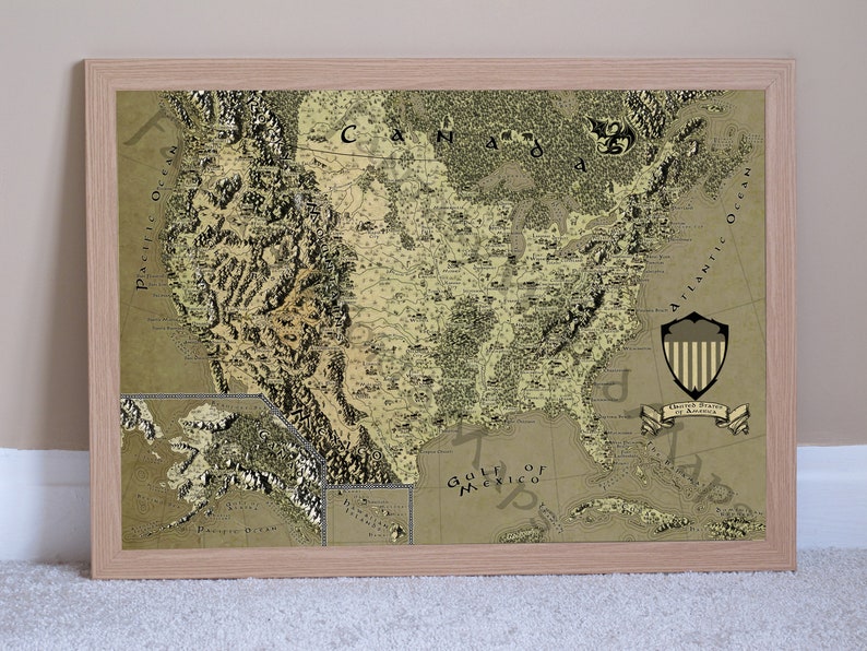 May include: A vintage-style map of the United States of America with a detailed illustration of the country's geography and major cities. The map is framed in a light wood frame and has a banner at the bottom that reads "United States of America".