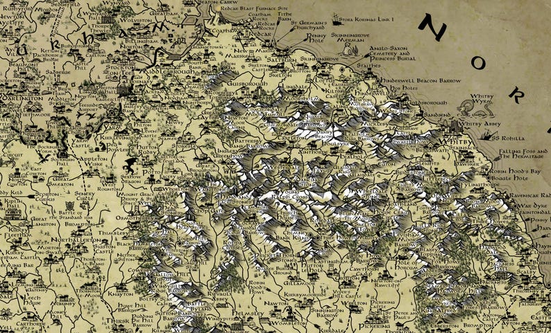 May include: A detailed map of a fictional land with mountains, rivers, and cities. The map is drawn in black ink on a parchment-like background. The map includes the text "The North" and "The Riverlands".
