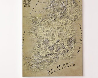 Tela in gaelico irlandese, mappa fantasy irlandese, disegnata a mano, regali per l'Irlanda, arte irlandese, mappa gaelica irlandese, regali irlandesi, stampe irlandesi, mappa irlandese