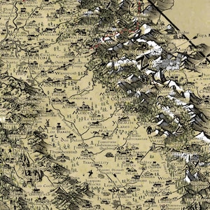 May include: A detailed, parchment-style fantasy map of Central California featuring black ink illustrations of mountains, forests, and landmarks. The map includes text labels for cities like Fresno, Merced, and Stockton, alongside mythical creature icons.