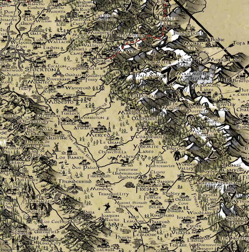 May include: A detailed, parchment-style fantasy map of Central California featuring black ink illustrations of mountains, forests, and landmarks. The map includes text labels for cities like Fresno, Merced, and Stockton, alongside mythical creature icons.