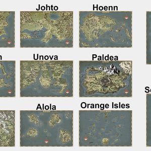 May include: A map of the different regions in the Pokemon video game series. The regions are Kanto, Johto, Hoenn, Sinnoh, Unova, Kalos, Alola, Galar, Paldea, Orange Isles, and Sevii Isles.
