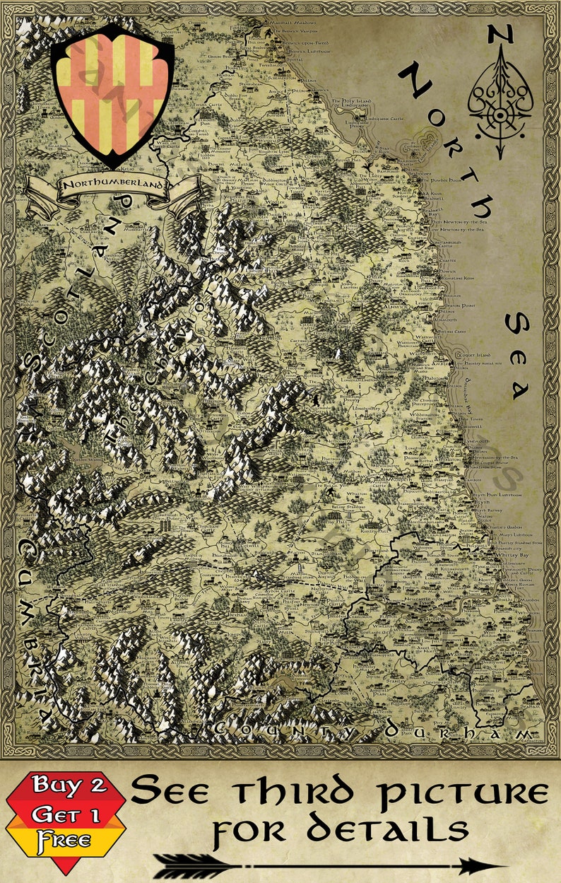 May include: A vintage-style map of Northumberland, England, with a compass rose in the top right corner. The map is detailed with towns, rivers, and mountains. The text "See third picture for details" is at the bottom of the map.