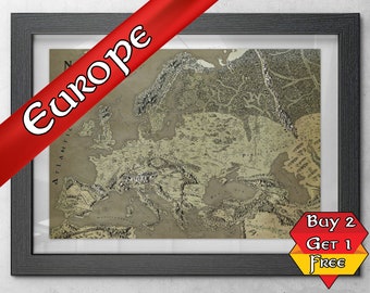 Europe Print Fantasy Map, Europe Poster, Fantasy Art Print, Geeky Gifts for him, Geeky Gifts for her, Gift for friend, World Map