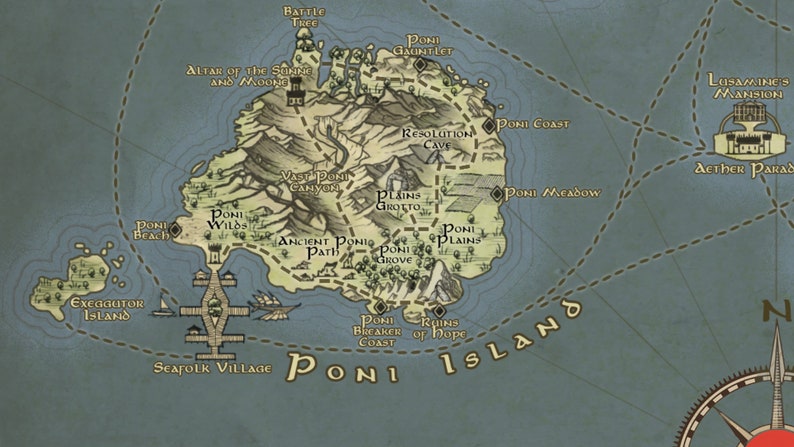 Pu&ograve; includere: Una mappa disegnata a mano dell'isola di Poni, un'isola immaginaria con varie localit&agrave; etichettate, tra cui Poni Beach, Poni Wilds, Ancient Poni Path, Poni Plains, Resolution Cave, Poni Coast e Poni Meadow. L'isola &egrave; circondata dall'acqua e ha una rosa dei venti nell'angolo in basso a destra.